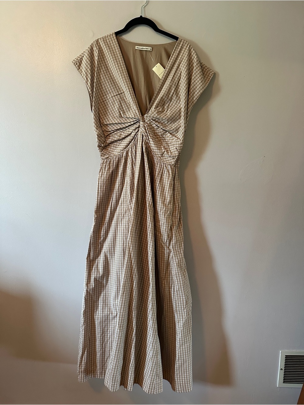 Abercrombie & Fitch Taupe Checked Twist-Front Maxi Dress
